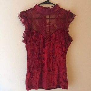 Red velvet and lacy high collar top